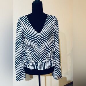 Express Navy & White Striped V-Neck Peplum Blouse